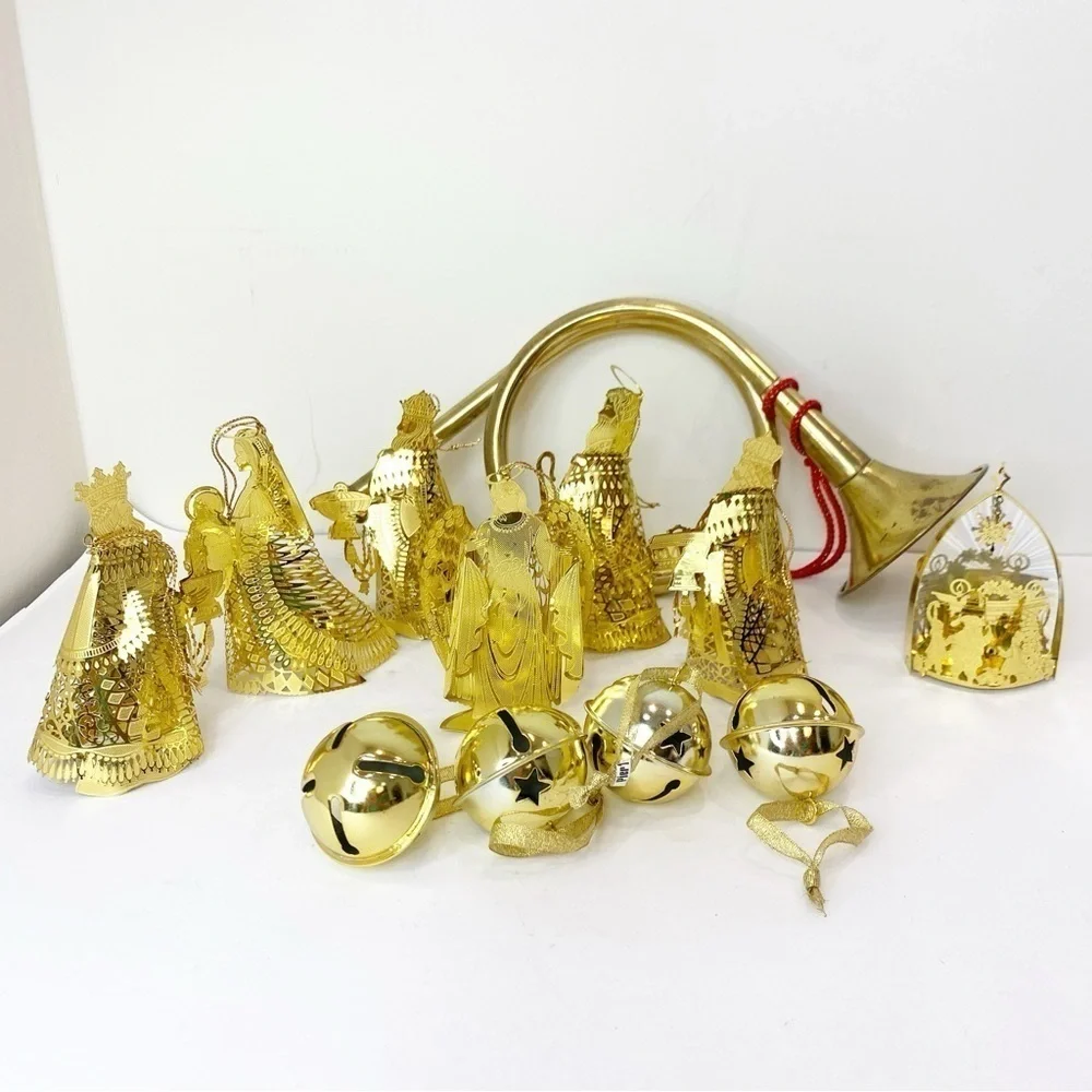 Lot Of 12 Vintage Shiny Brass Christmas Laser Cut Ornaments, Bells & Bugle Horn